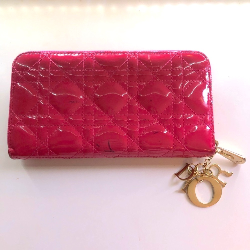 🩷 Lady DIOR Christian Dior Cannage Pink Patent Leather Long Zippy Wallet Charm - Picture 4 of 17